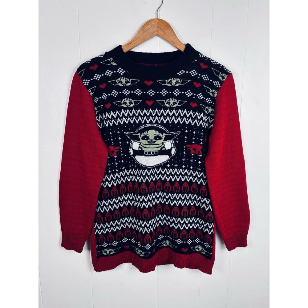 Star Wars‎ Baby Yoda Women Medium Ugly Christmas Sweater Red Black Mandalorian